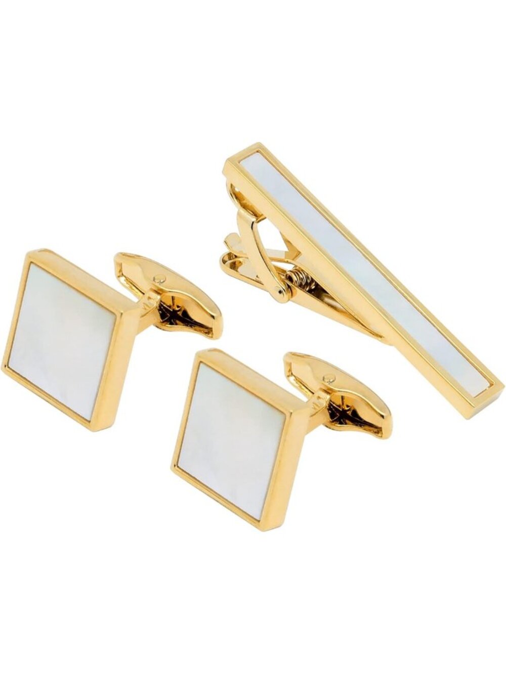 Elegant Mother of Pearl Tie Clip & Square Cufflinks Set - Silver & Gold Plated
